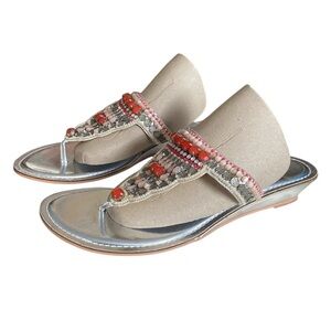 CHICOS Boho Silver Beads Embellished T-strap Slide Wedge Women's Sandals Size 9